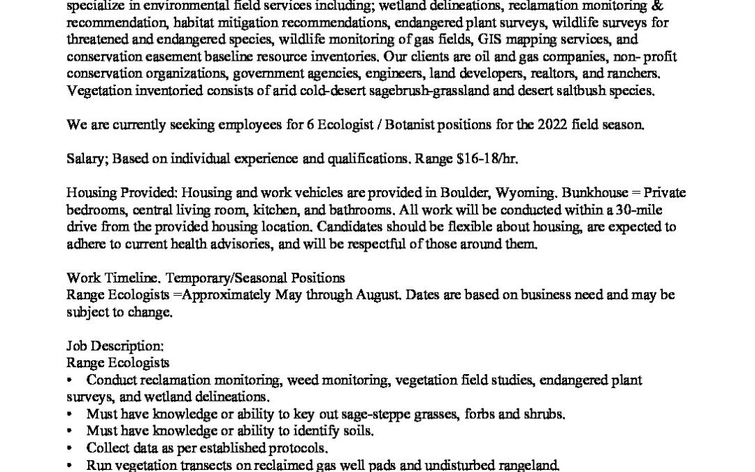 2022 Aster Canyon Ecologist Job Post