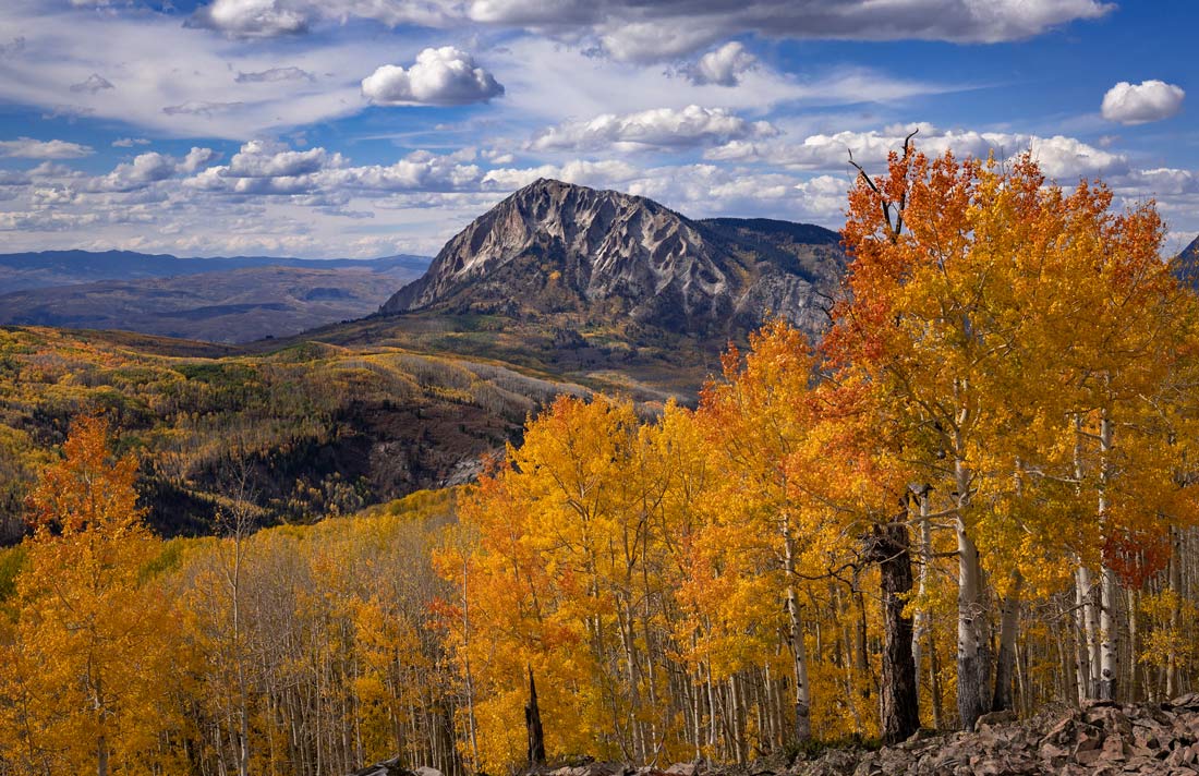 a photo of Marcellina Mountain with aspens in full fall color